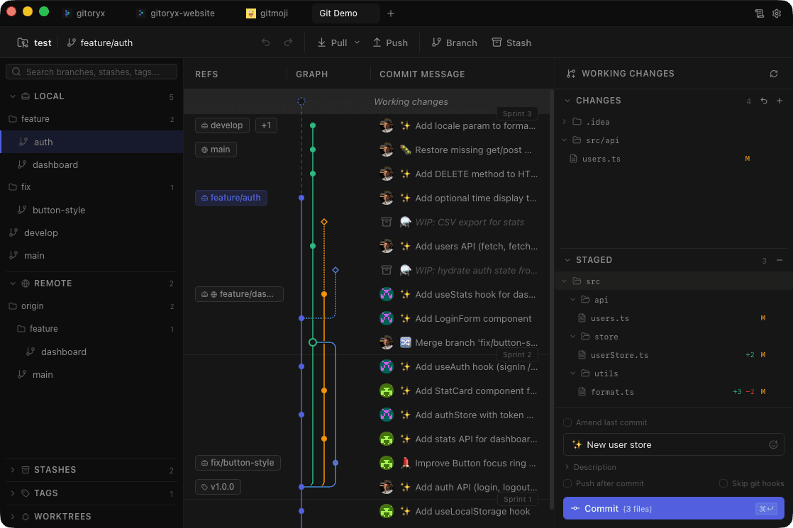 Gitoryx commit graph showing color-coded branch lanes, merge nodes, and commit history