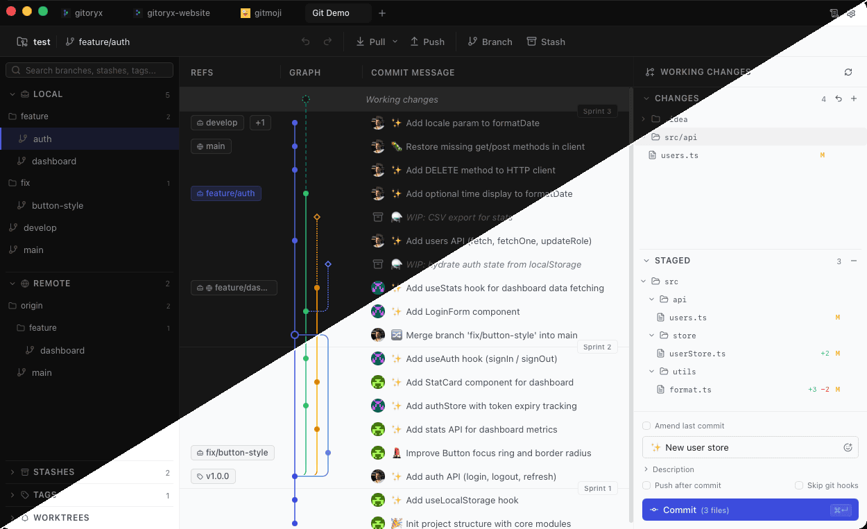Gitoryx UI split diagonally between dark mode and light mode on the same commit graph view