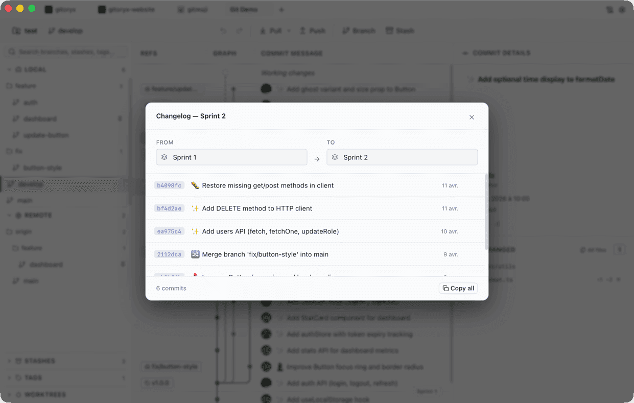 Gitoryx branch sidebar with GitFlow structure showing feature, release, and hotfix branches