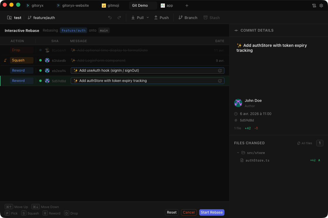 Gitoryx interactive rebase panel with drag-and-drop commit list and squash controls