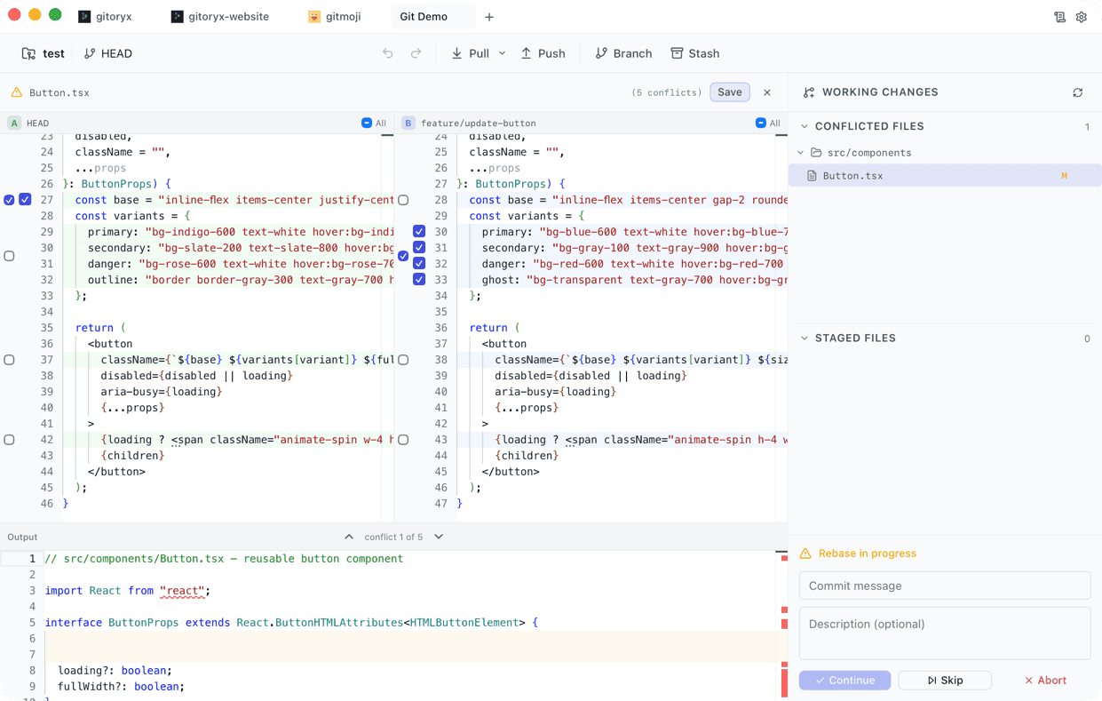 Gitoryx three-way merge conflict resolution view with ours, base, and theirs columns