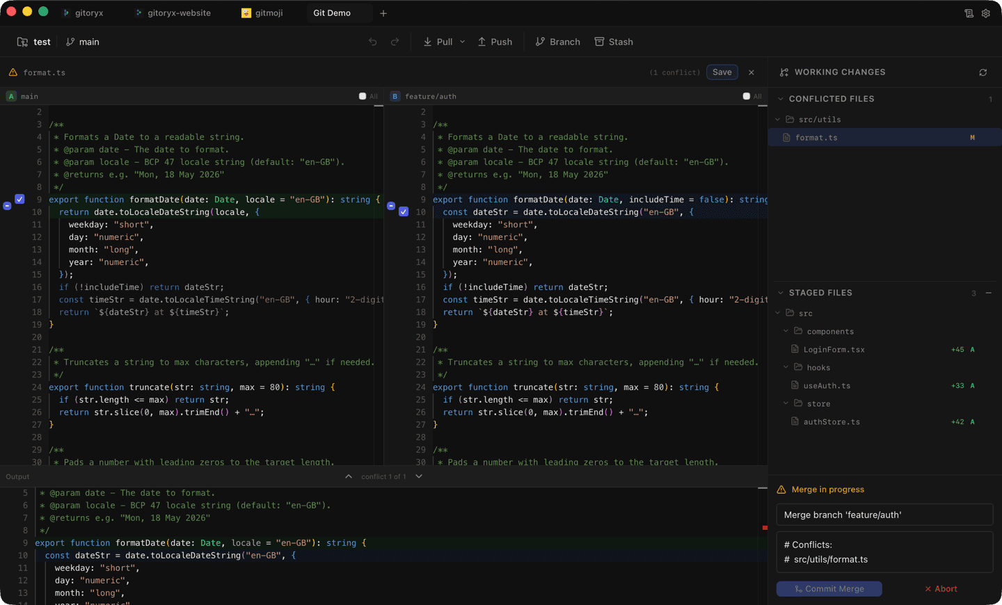 Gitoryx three-way merge conflict resolution view with ours, base, and theirs columns